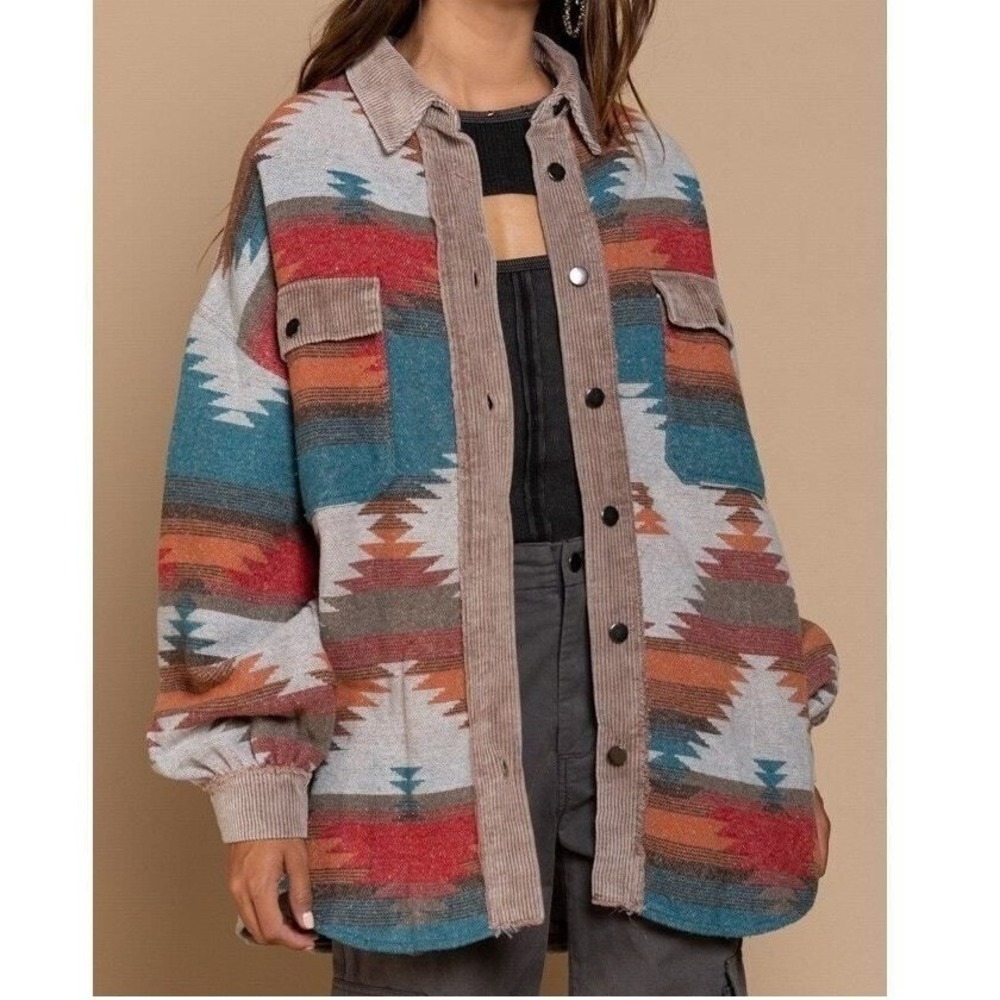 POL Womens Small Aztec Print Corduroy Trim Shacket Jacket Oversized Button‎ Down
